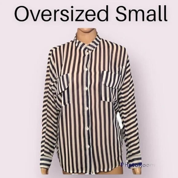 ❤️UmGee Navy Blue Stripe Sheer Business Blouse Large Pockets Oversized Shirt ❤️ - Picture 1 of 6